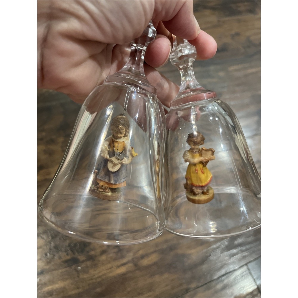 Dolfi Italy Glass Bell Figurines Set of 2 Musician Drum Harp Made in Italy